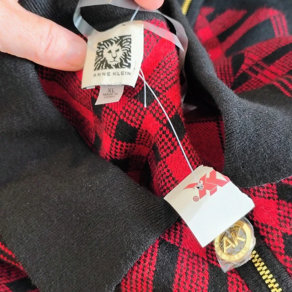 Anne‎ Klein Red Black Plaid Zip Front Cardigan Sweater XL Heavyweight Soft NEW